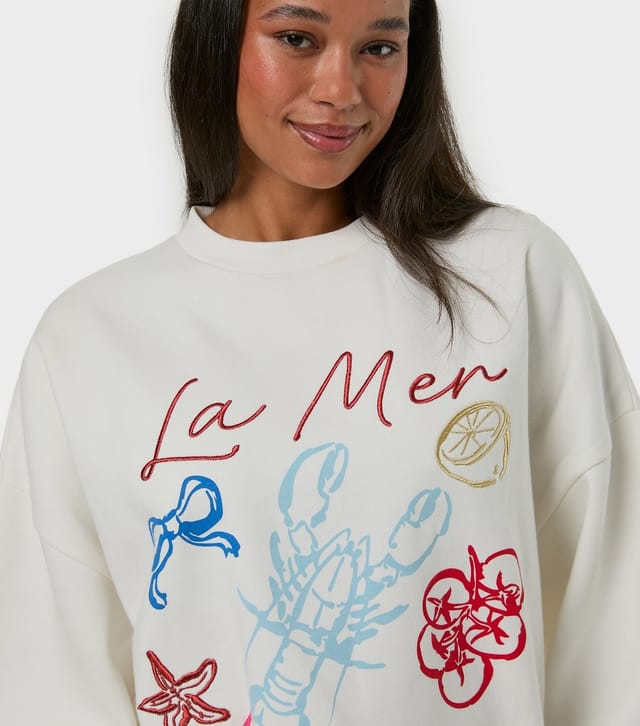 Skinnydip Women's White La Mer Embroidered Oversized Sweatshirt Skinnydip New Look - 3