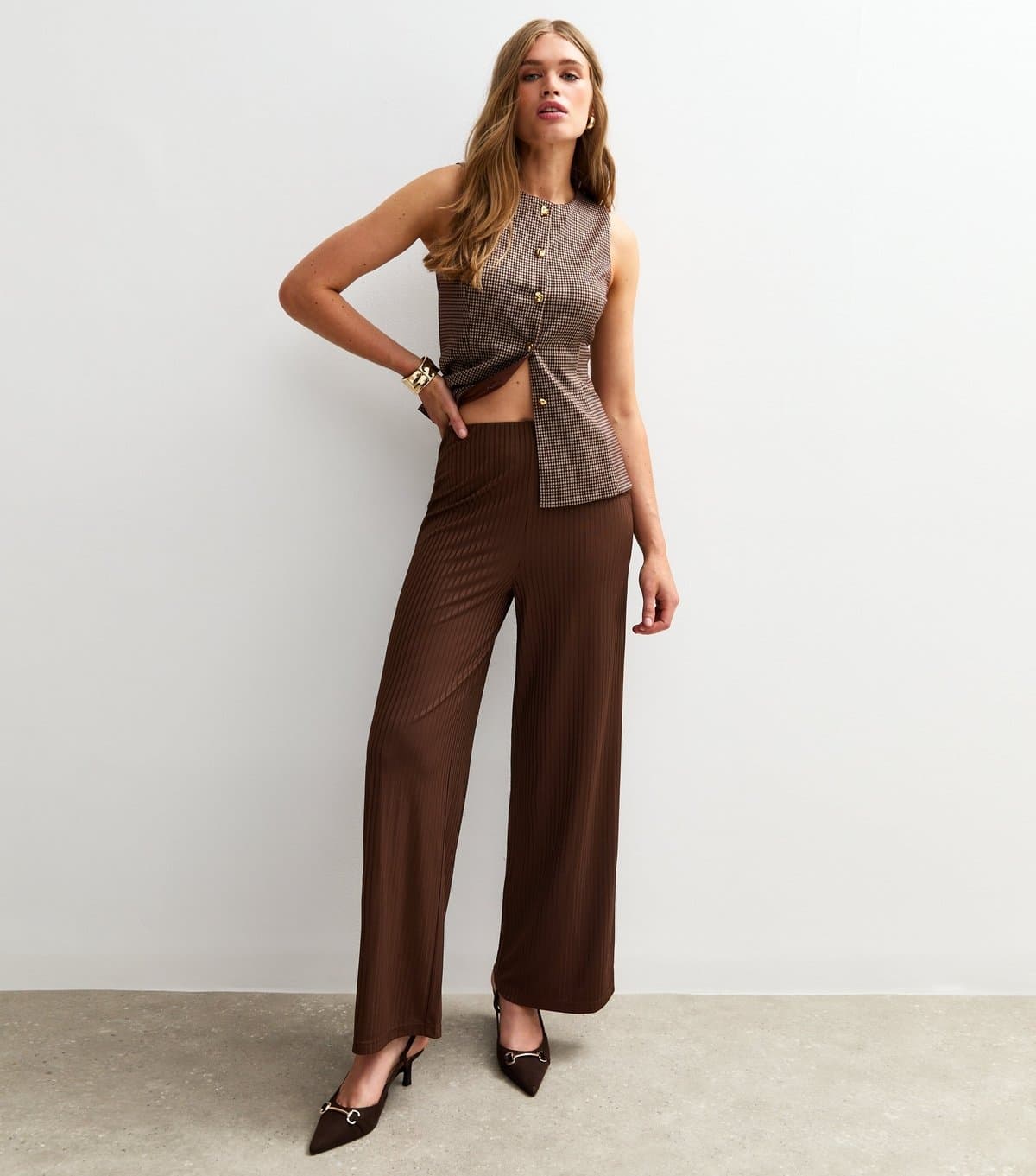 New Look New Look Brown Ribbed Wide Leg Trousers