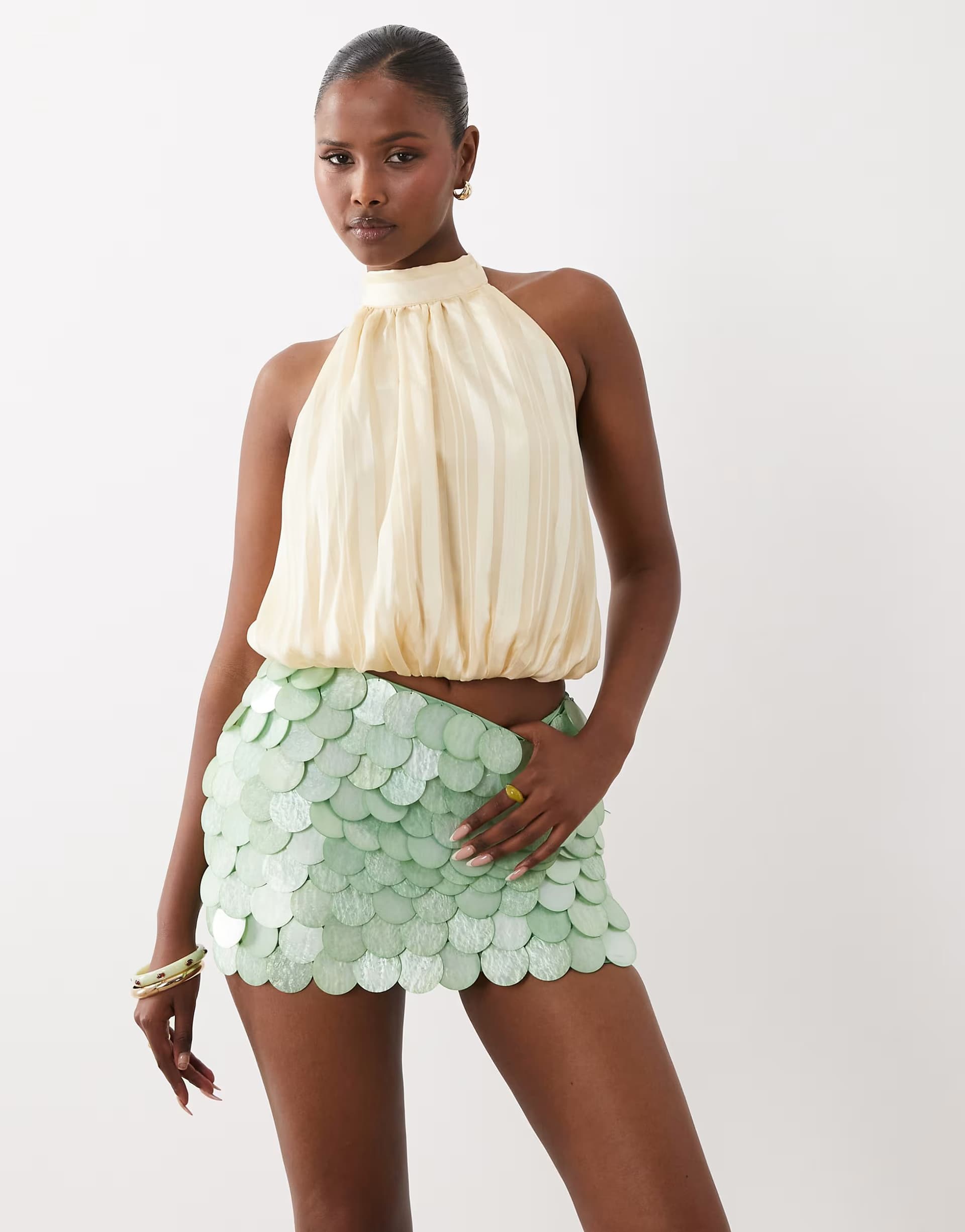 ASOS ASOS Turquoise Sequin Mini Skirt with Cream Pleated Blouse