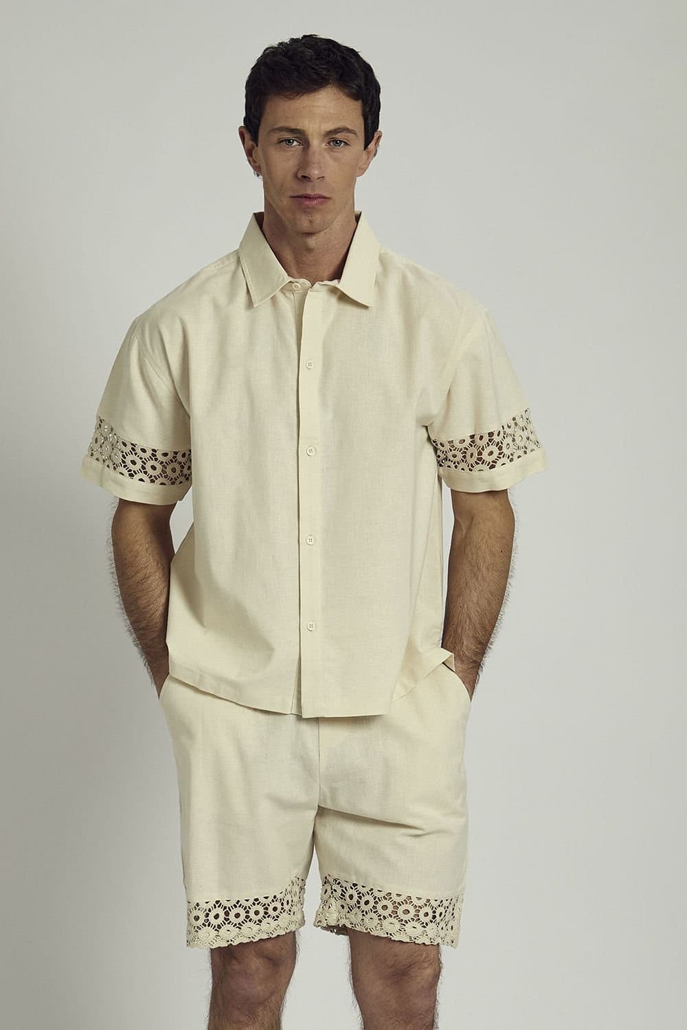 Native Youth Native Youth Men's Cotton Linen Blend Short Sleeve Crochet Shirt in Cream