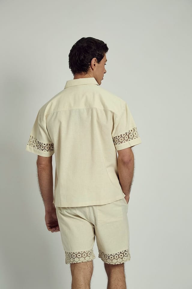 Native Youth Native Youth Men's Cotton Linen Blend Short Sleeve Crochet Shirt in Cream - 2