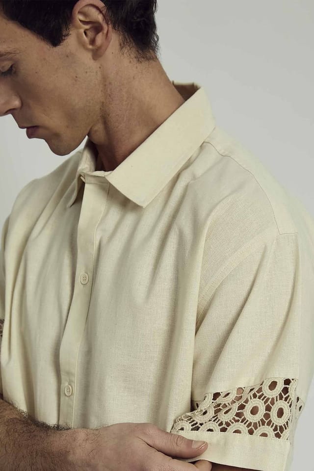 Native Youth Native Youth Men's Cotton Linen Blend Short Sleeve Crochet Shirt in Cream - 3