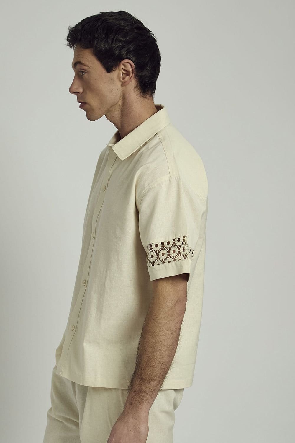 Native Youth Native Youth Men's Cotton Linen Blend Short Sleeve Crochet Shirt in Cream - 4