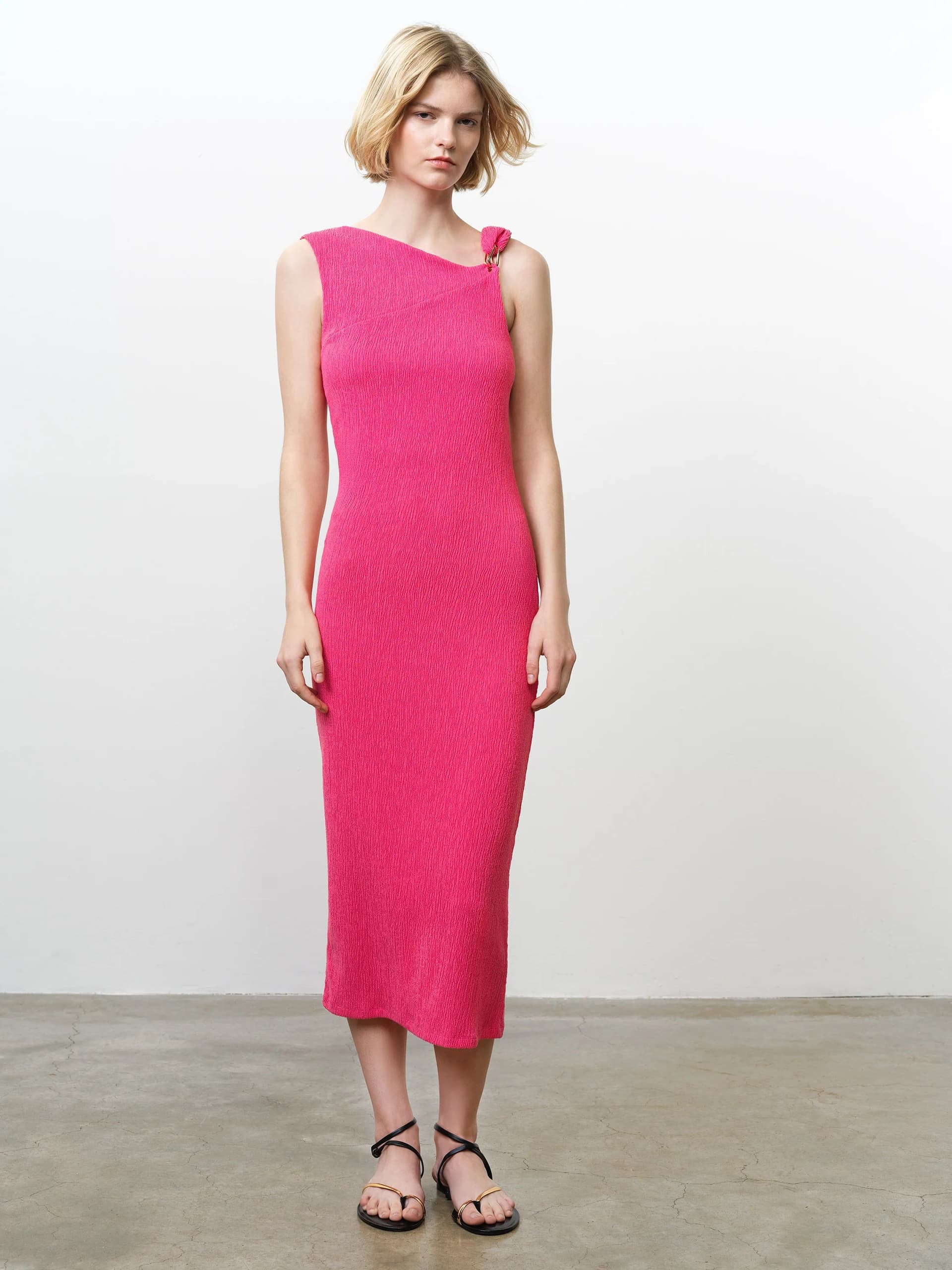 French Connection Trixie Soft Textured Midi Dress Fuchsia Pink