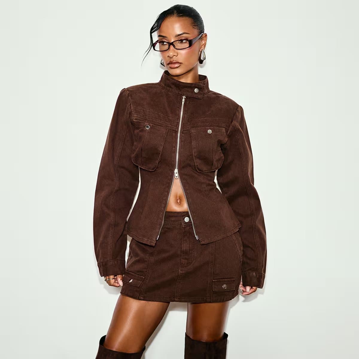 EGO Low Rise Cargo Mini Skirt In Chocolate Brown Denim, Women's Size UK 6