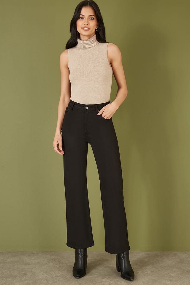 Yumi Yumi Women's Black Stretch Canvas Wide Leg High Waist Jeans - 2