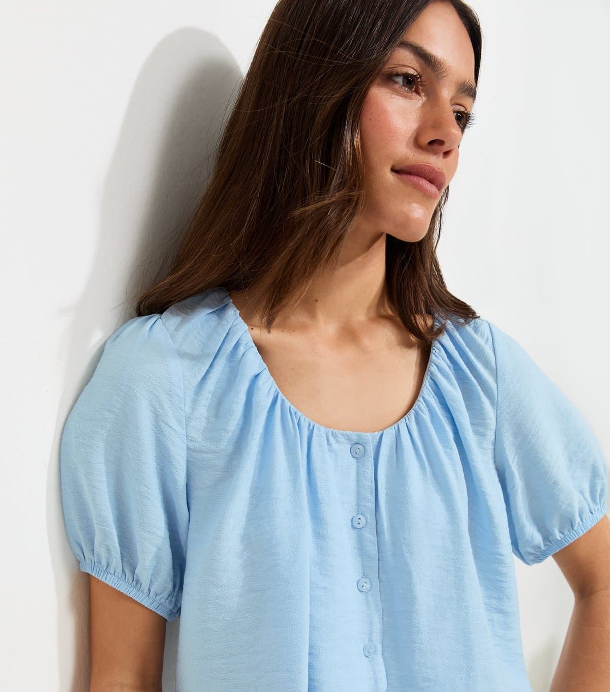 New Look Women's Petite Light Blue Button Drawstring Bubble Top New Look