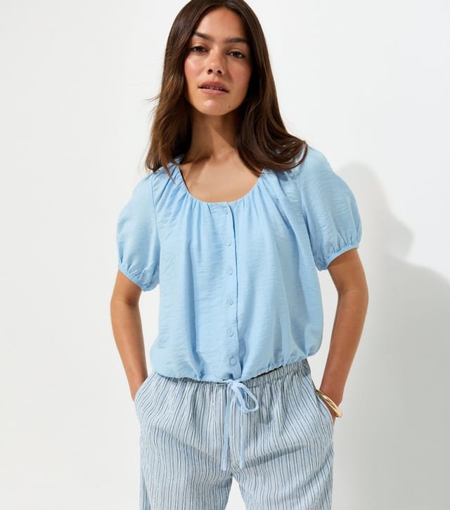 New Look Women's Petite Light Blue Button Drawstring Bubble Top New Look - 2