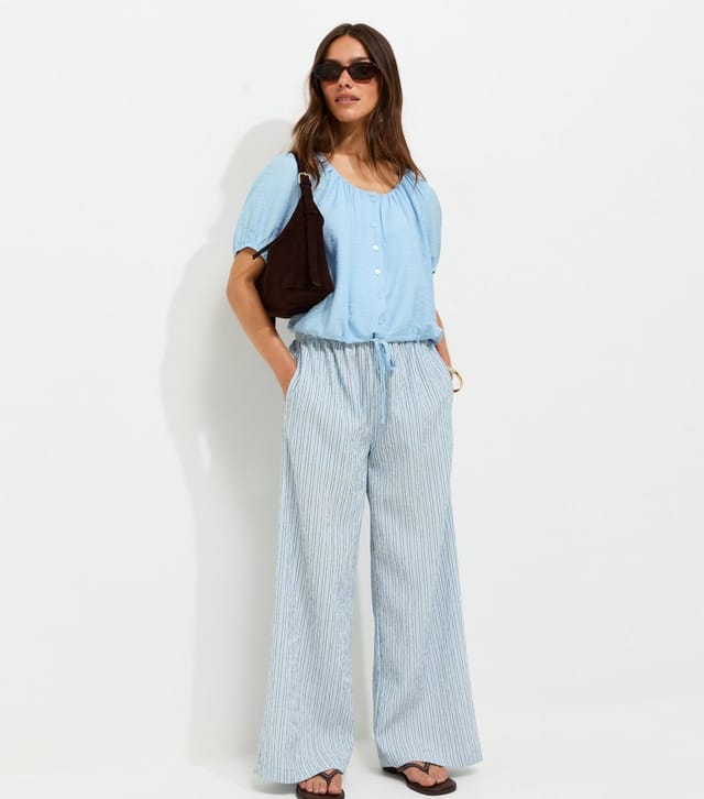 New Look Women's Petite Light Blue Button Drawstring Bubble Top New Look - 3