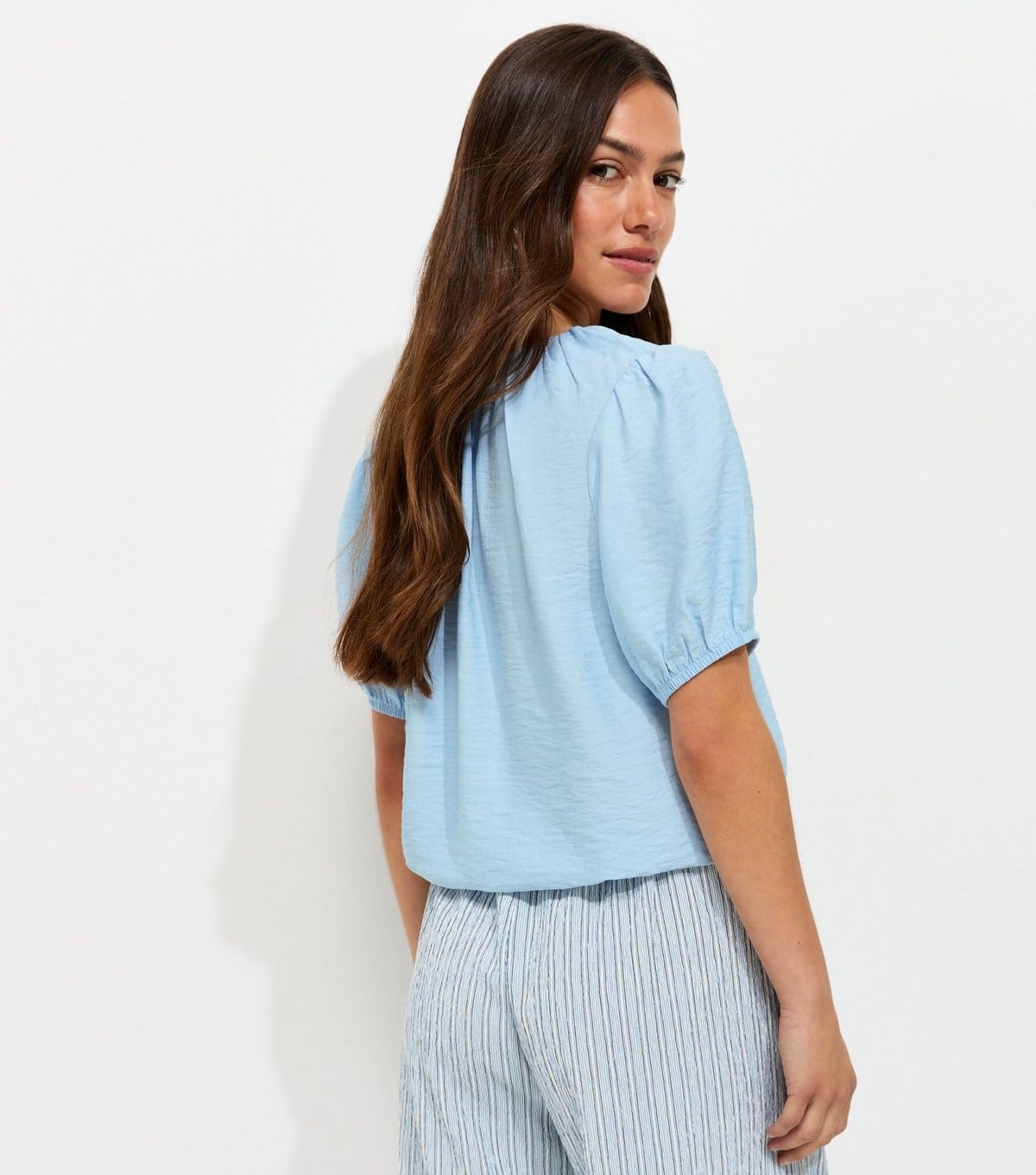 New Look Women's Petite Light Blue Button Drawstring Bubble Top New Look - 4