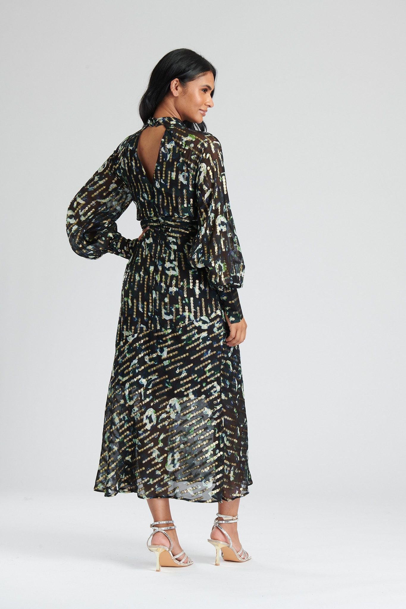 Finding Friday Finding Friday Women's Metallic Long Sleeve Midi Dress With Neck Detail in Brown - 3