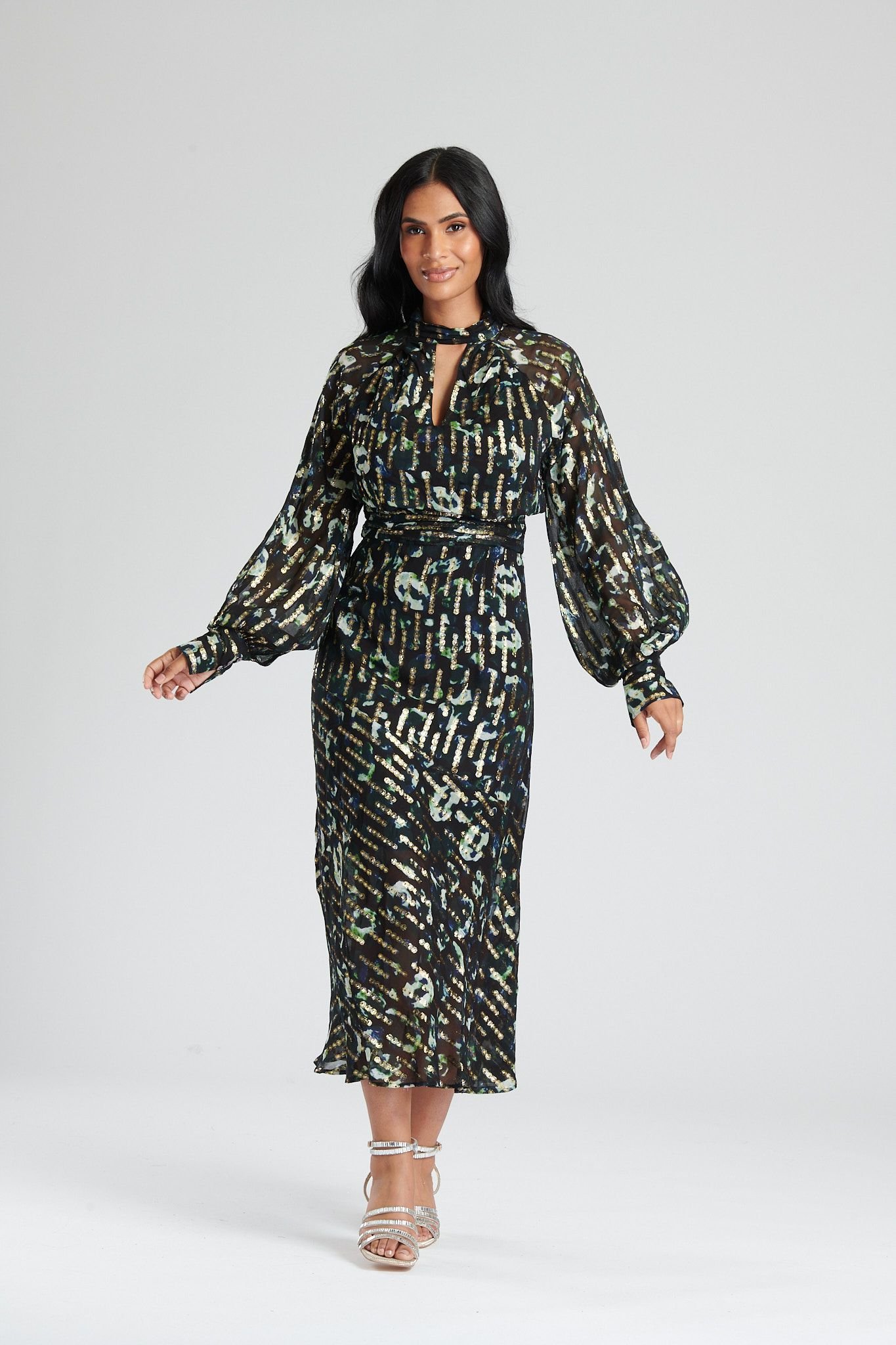 Finding Friday Finding Friday Women's Metallic Long Sleeve Midi Dress With Neck Detail in Brown - 4