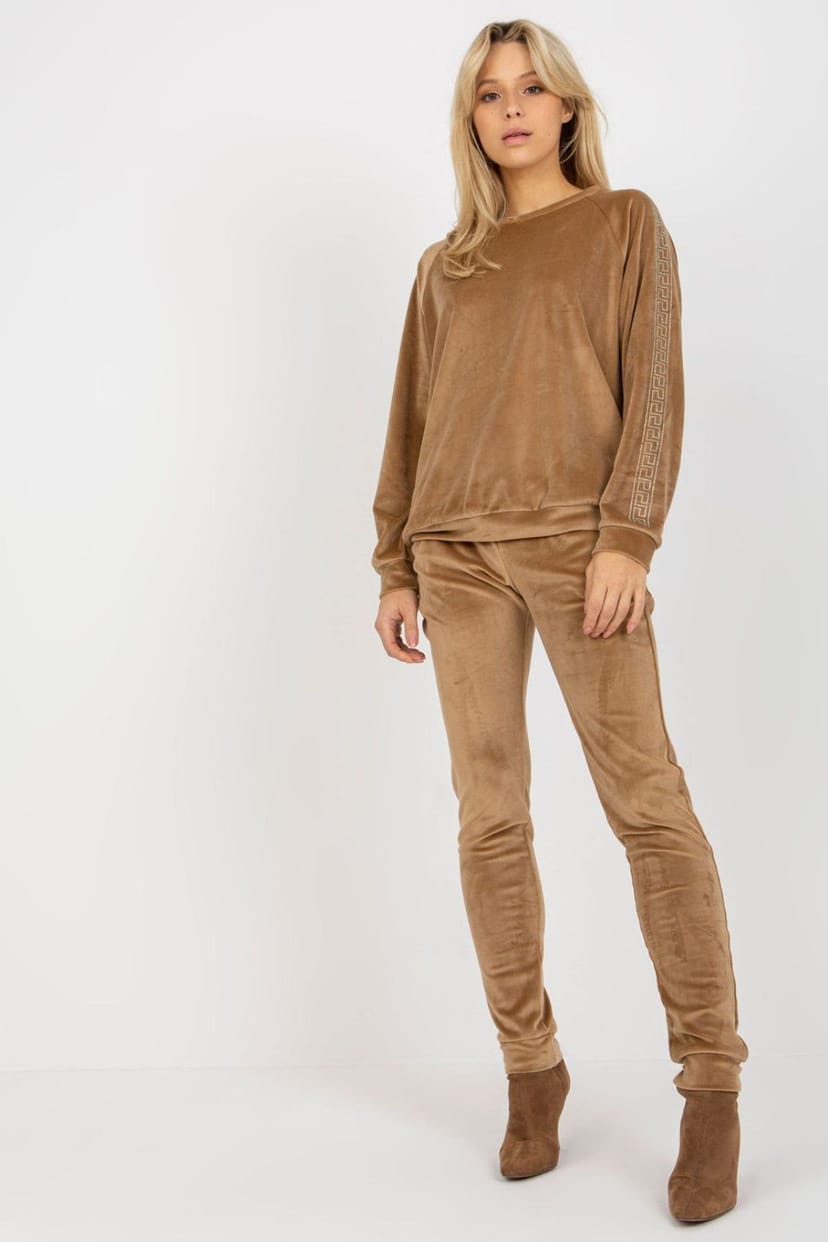 Love Lace Love Lace Women's Velour Rhinestone Blouse & Tie Waist Pants Set in Brown - 1