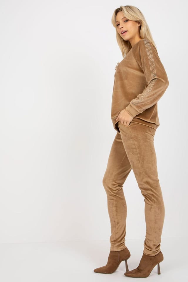Love Lace Love Lace Women's Velour Rhinestone Blouse & Tie Waist Pants Set in Brown - 3