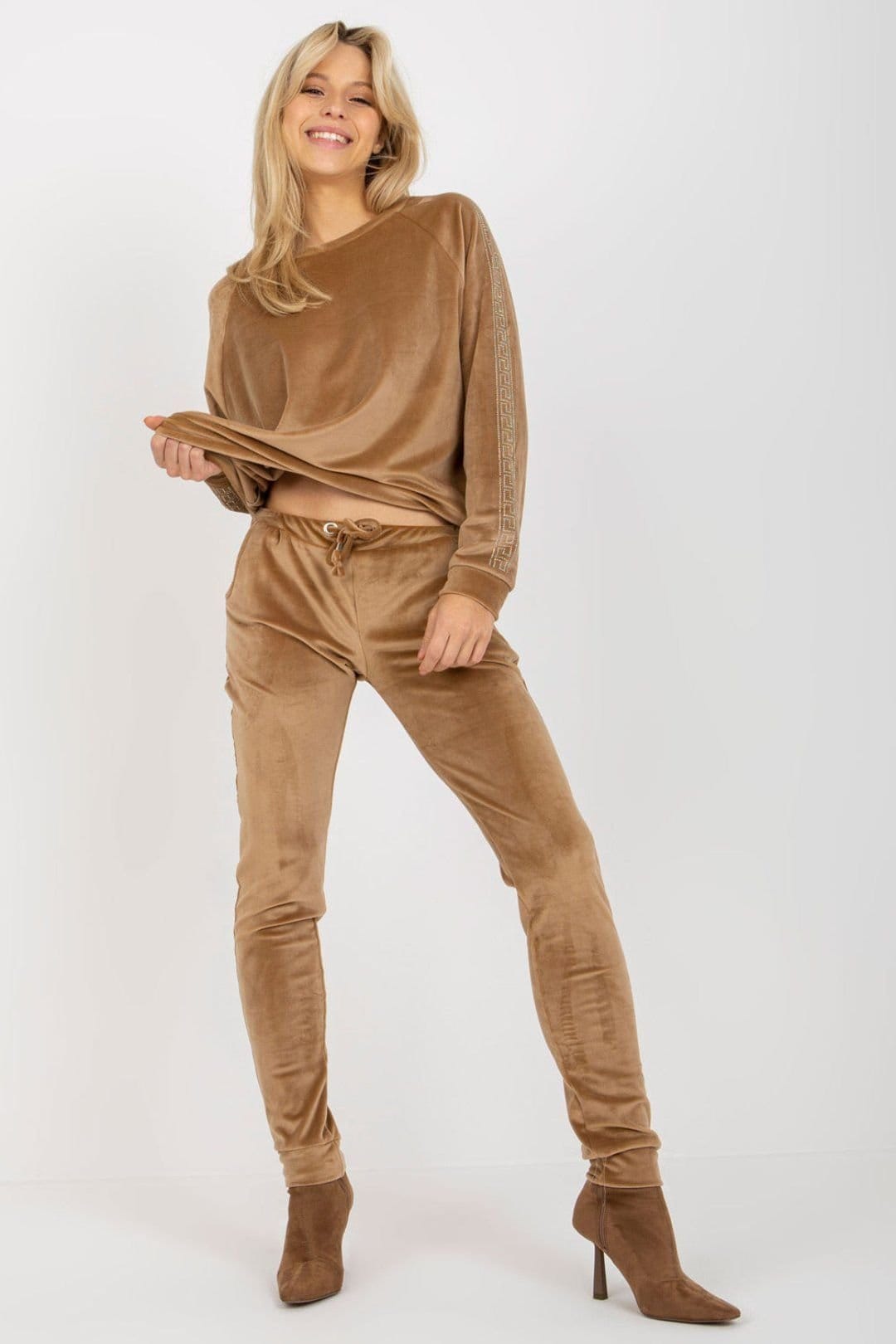 Love Lace Love Lace Women's Velour Rhinestone Blouse & Tie Waist Pants Set in Brown - 4