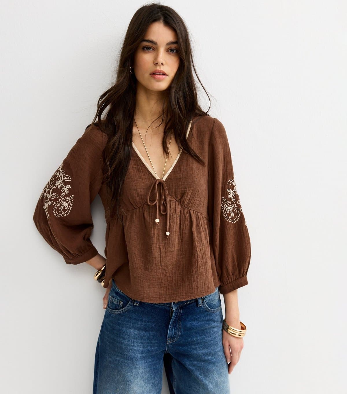 New Look Women's Dark Brown Embroidered Sleeve Tea Blouse New Look