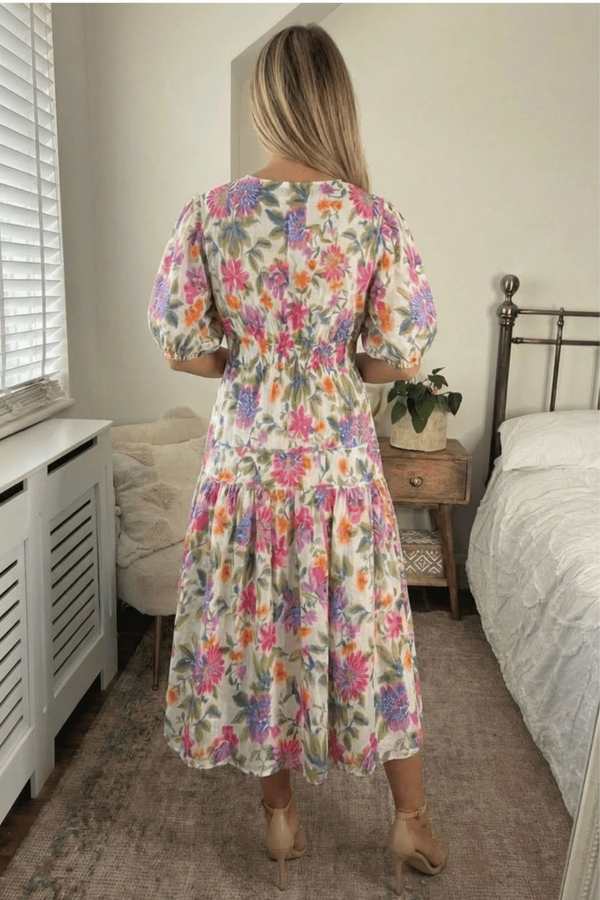 Style Cheat Pink Floral Puff Sleeve V-Neck Midi Dress