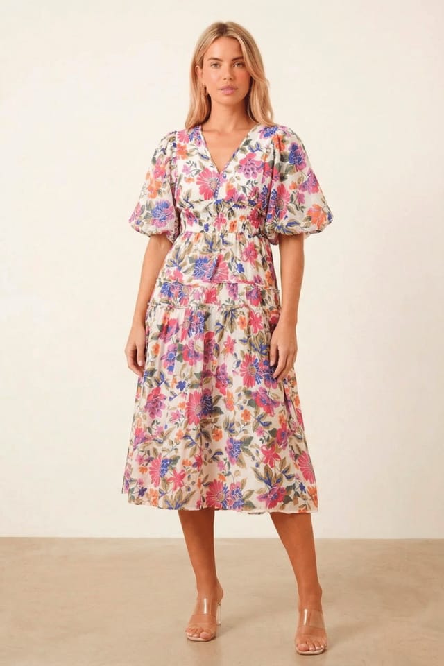 Style Cheat Style Cheat Women's Puff Sleeve V Neck Midi Dress in Pink - 3