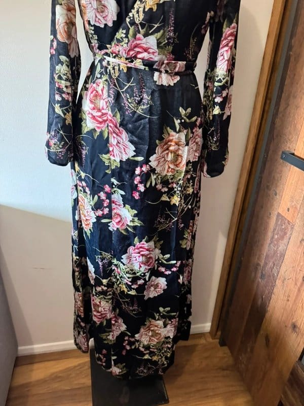 ASOS Design black flowers floral midi wrap dress satin silky side tie size 10 - 1