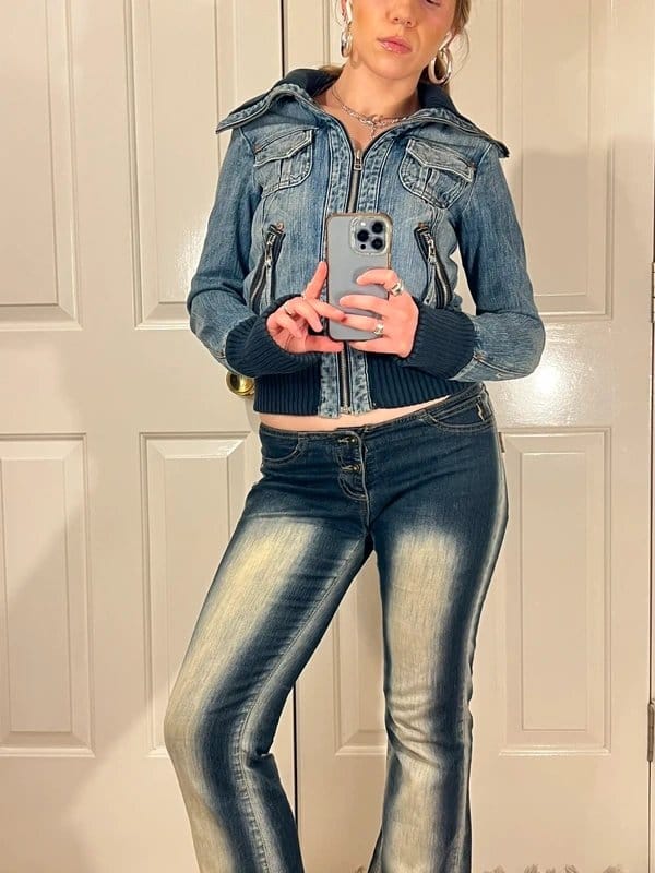 Vintage Dressing Blue Denim Bomber Jacket with Navy Cuffs