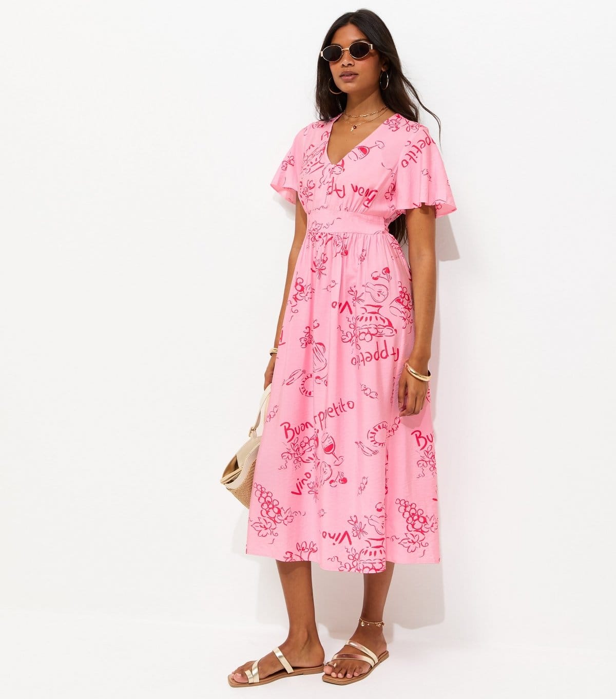 New Look Pink Vino Print Flutter Sleeve Midi Dress