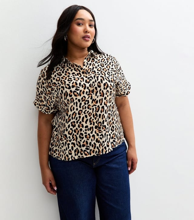 New Look Women's Plus Size Brown Leopard Print Short Sleeve Shirt Curves New Look - 3