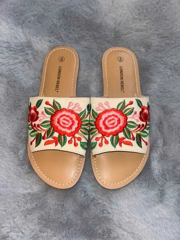 London Rebel London rebel embroidered white red rose flowers flip flops sandals sliders size 4 EUR 37
