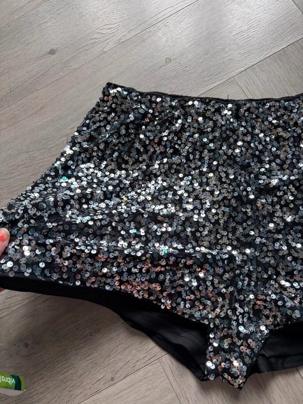 New Look Black and Silver Sequinned Mini Shorts - Size 10
