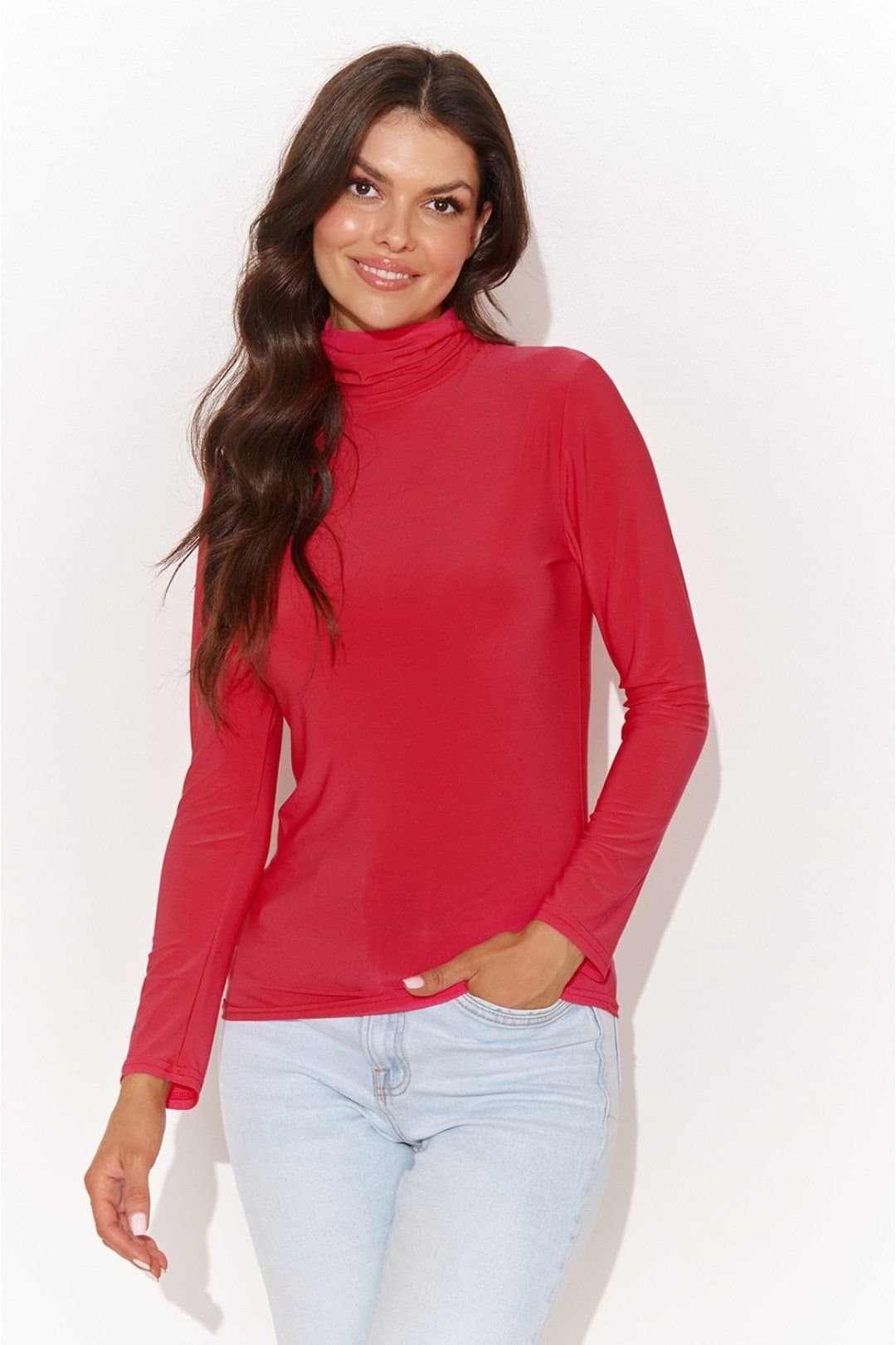 Love Lace Love Lace Women's Stretch Turtleneck Blouse with Gold Back in Red