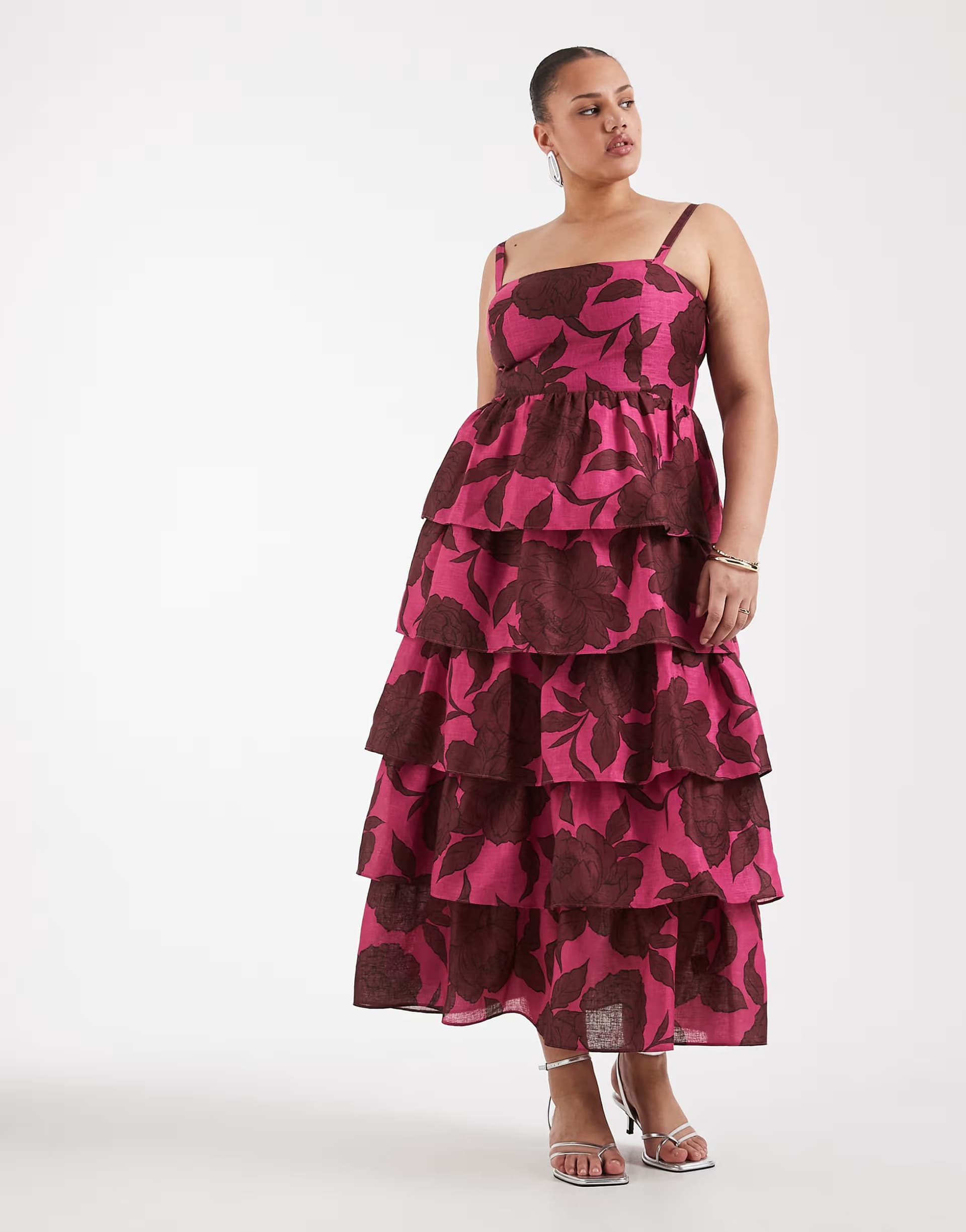 ASOS Pretty Lavish Curve linen blend tiered skirt maxi cami dress in brown and pink floral