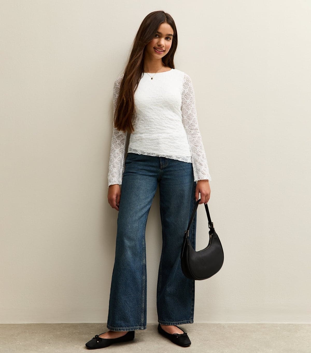 New Look Girls' White Long Sleeve Lace Asymmetric Hem Top New Look