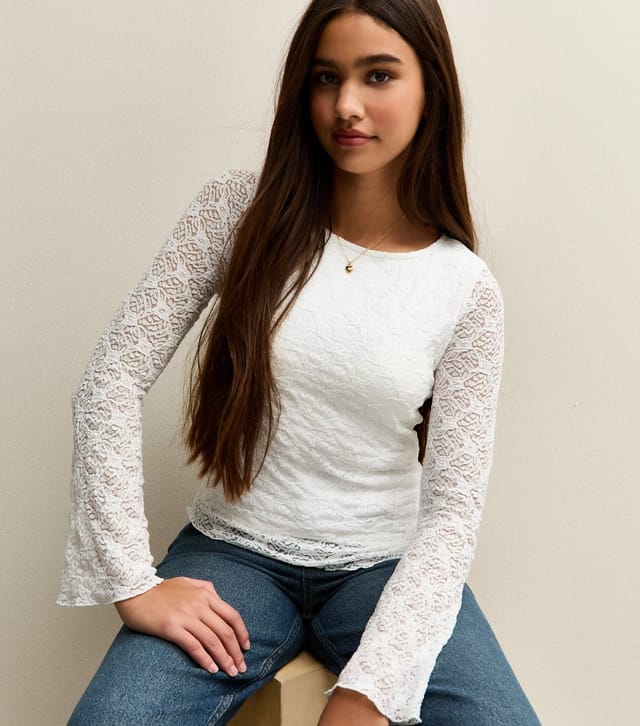 New Look Girls' White Long Sleeve Lace Asymmetric Hem Top New Look - 2