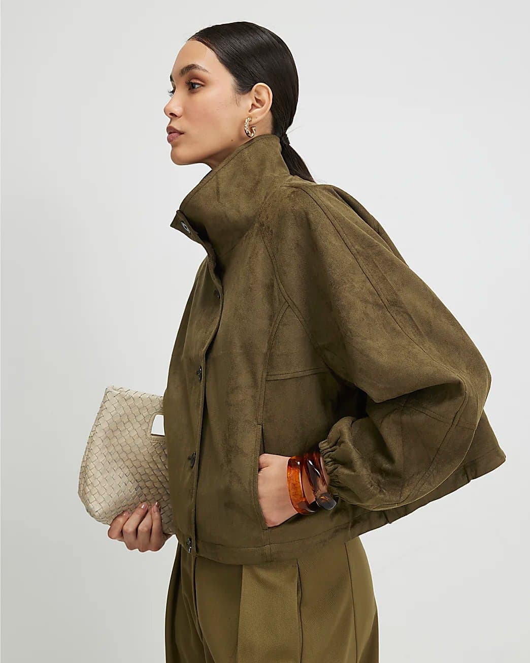 River Island River Island Womens Khaki Faux Suede Drawstring Hem Bomber Jacket