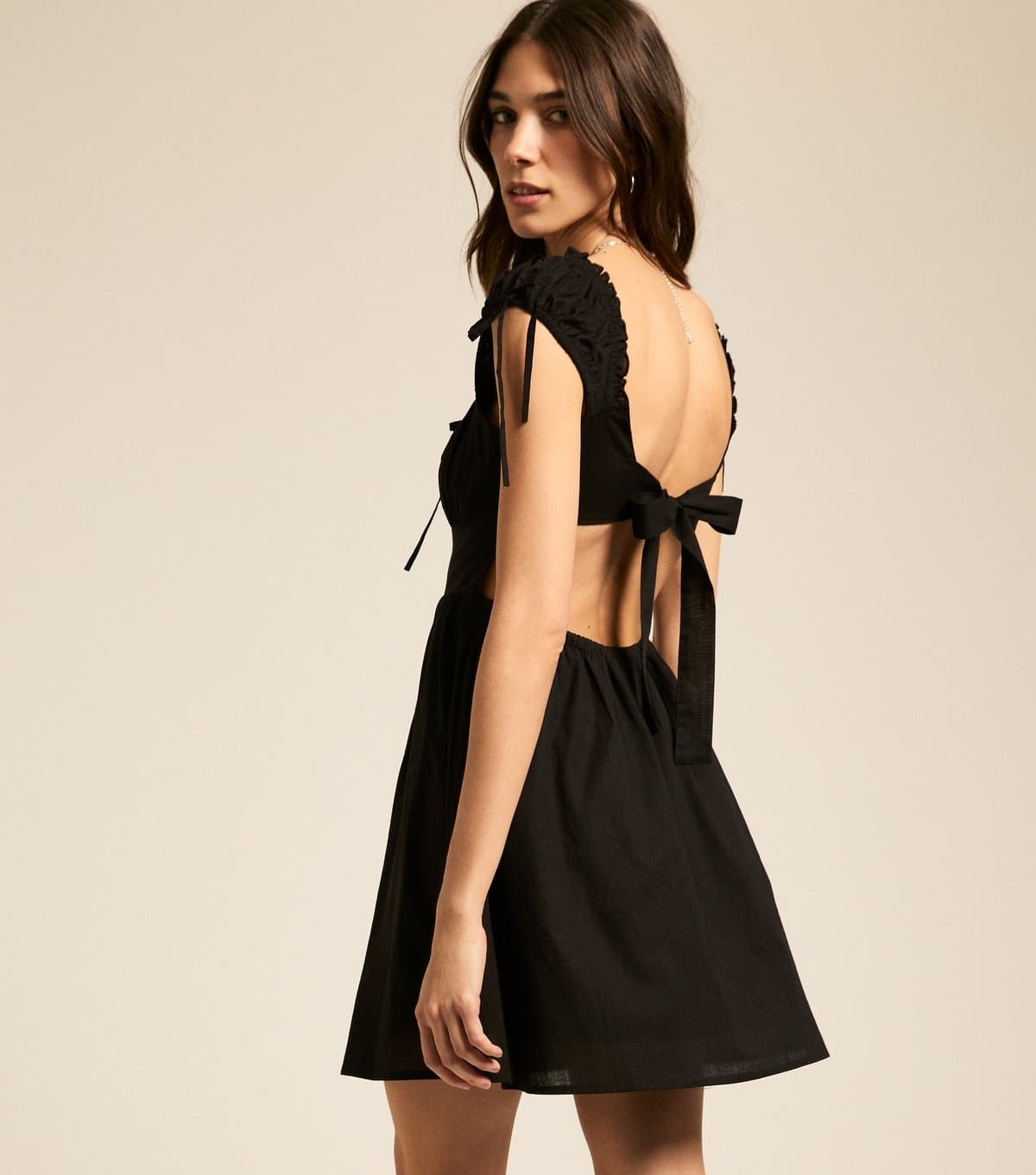 New Look Women's Black Bow Tie Back Milkmaid Mini Dress New Look