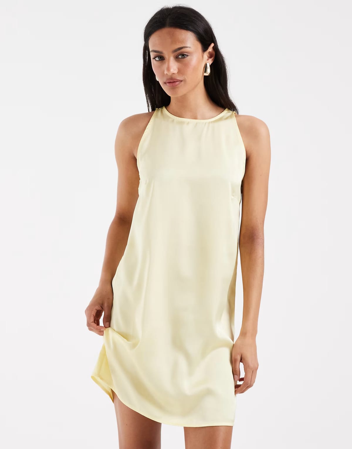 ASOS Pieces racer neck satin mini dress in pastel yellow - 1