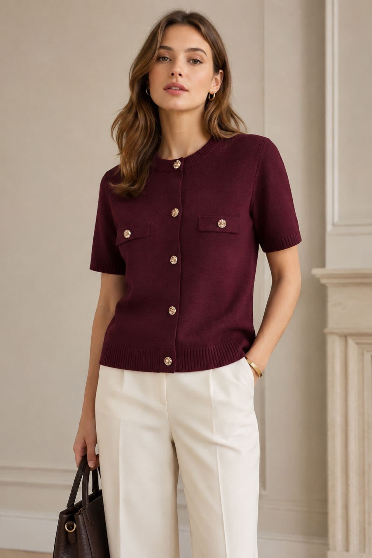 Lovii Lovii Women's Burgundy Élan Gold-Button Knit Top