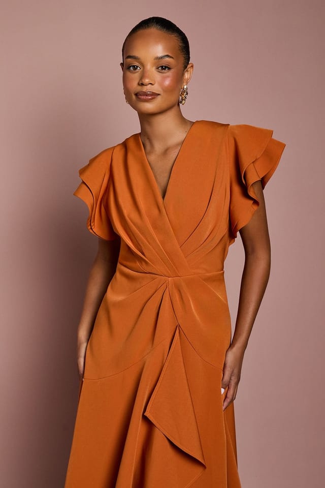 Coast Coast Women's Petite Short Sleeve V Neck Wrap Front Midi Dress in Rust - 2