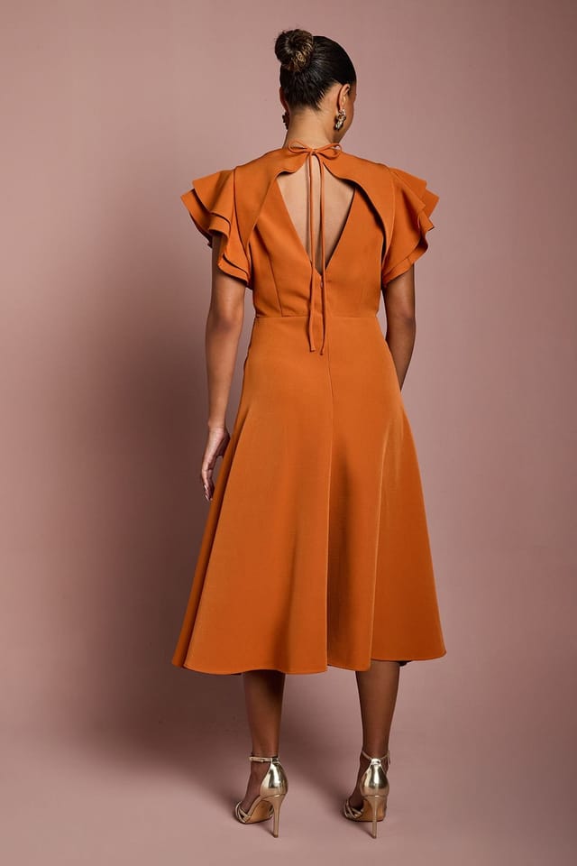 Coast Coast Women's Petite Short Sleeve V Neck Wrap Front Midi Dress in Rust - 3