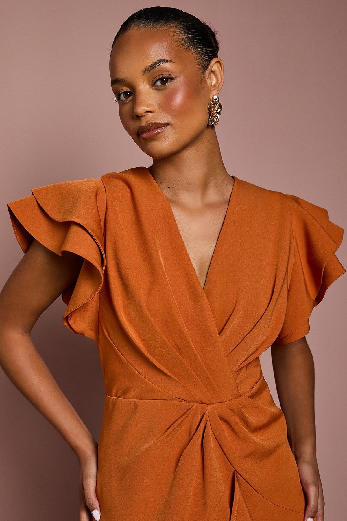 Coast Coast Women's Petite Short Sleeve V Neck Wrap Front Midi Dress in Rust - 4