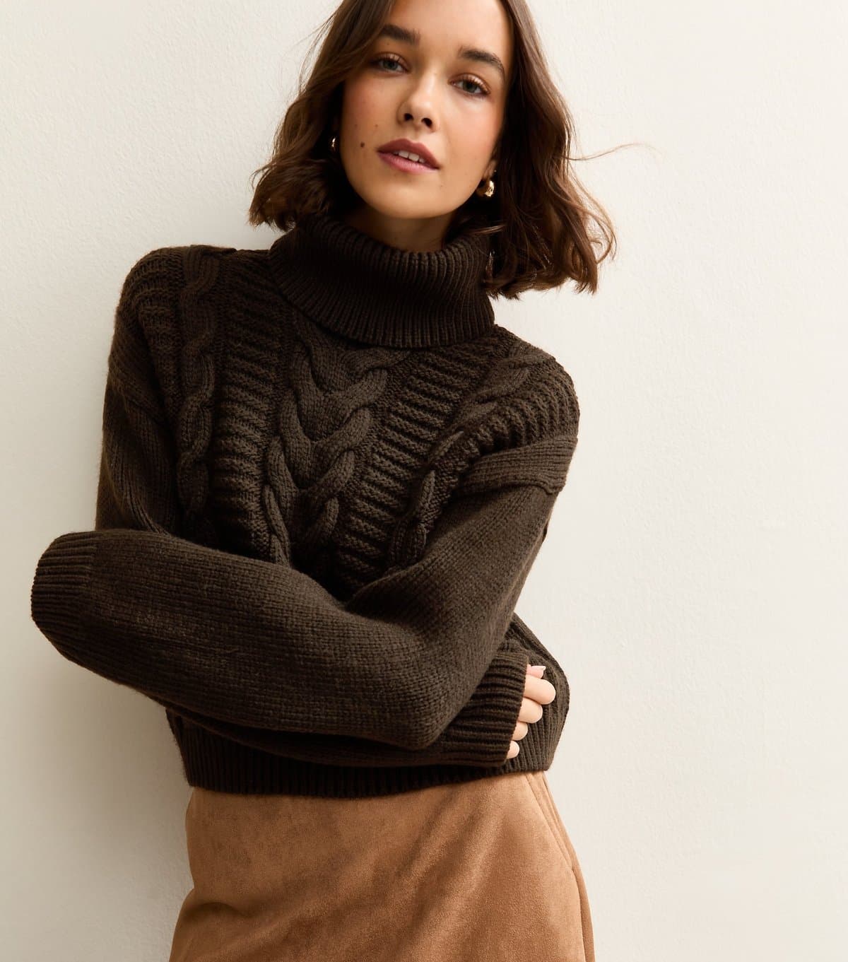 New Look Women's Dark Brown Cable Knit Roll Neck Jumper New Look