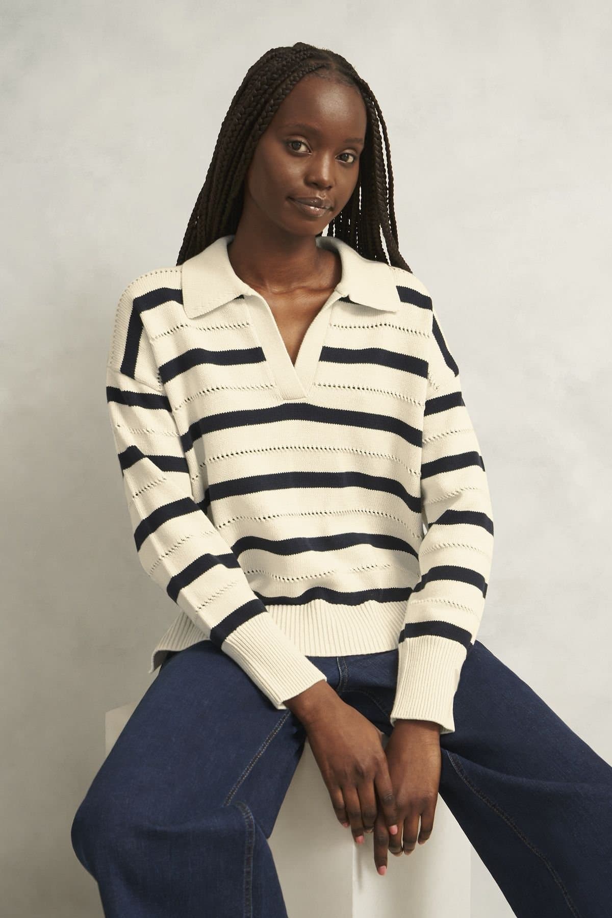 Hobbs London Hobbs London Women's Beauford Striped Polo Jumper in Cream