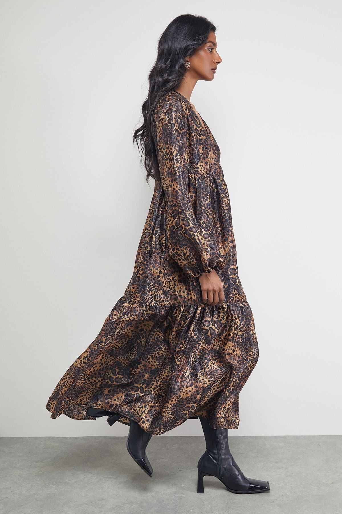 Warehouse Warehouse Women's Textured Organza Wrap Tier Smock Midi Dress in Animal