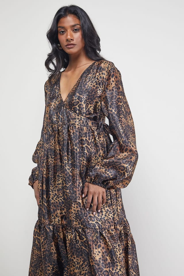 Warehouse Warehouse Women's Textured Organza Wrap Tier Smock Midi Dress in Animal - 2