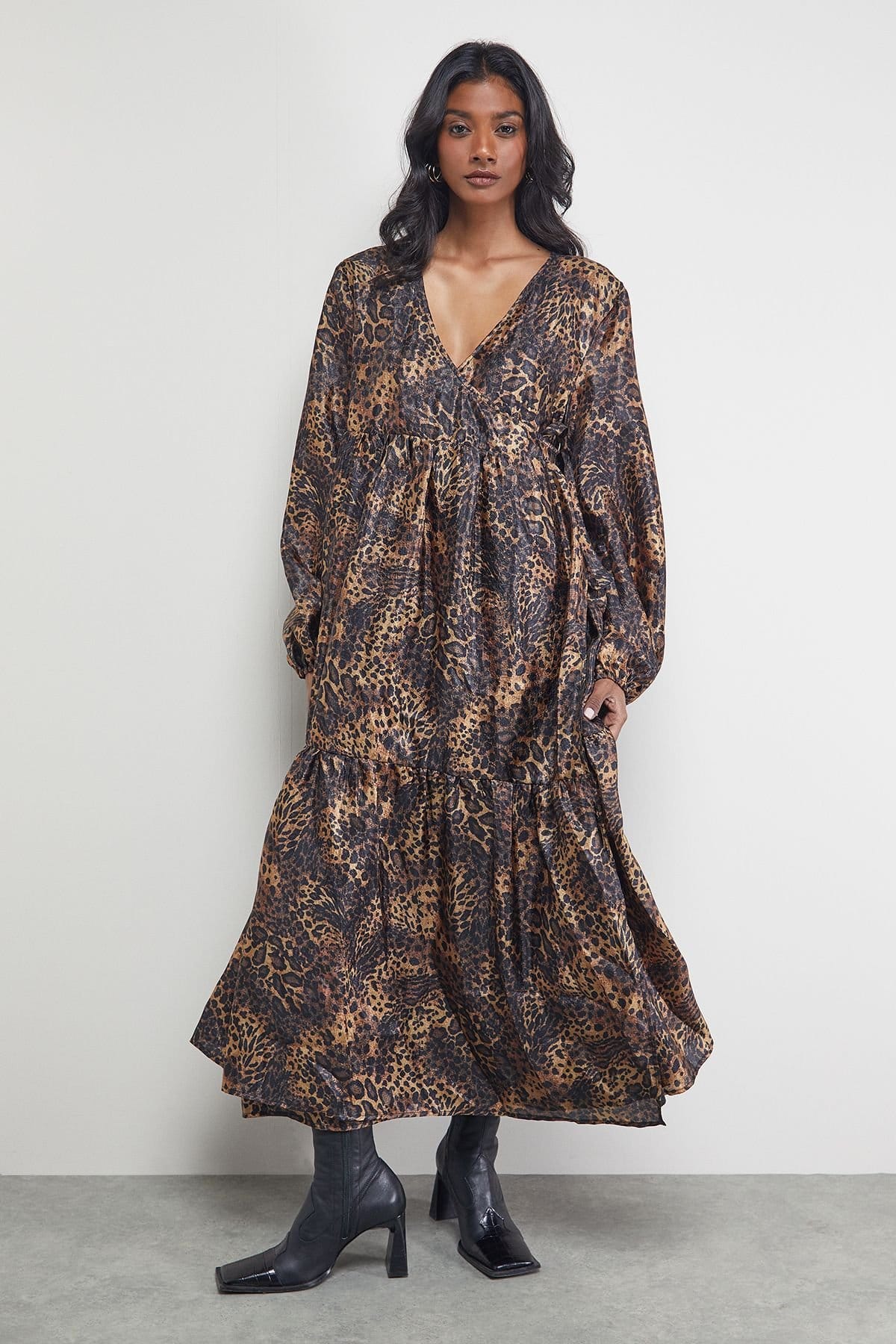 Warehouse Warehouse Women's Textured Organza Wrap Tier Smock Midi Dress in Animal - 4
