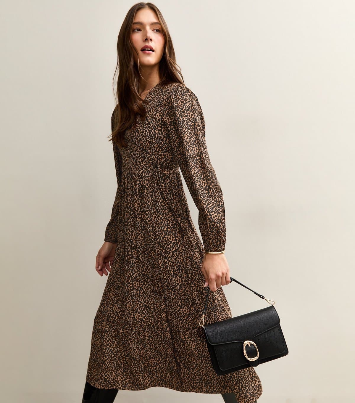 New Look Women's Brown Crepe Animal Print Wrap Midi Dress New Look