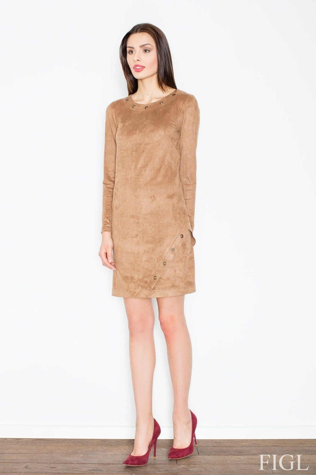 Love Lace Love Lace Women's Suede Look Long Sleeve Mini Dress Metal Rings in Brown - 1