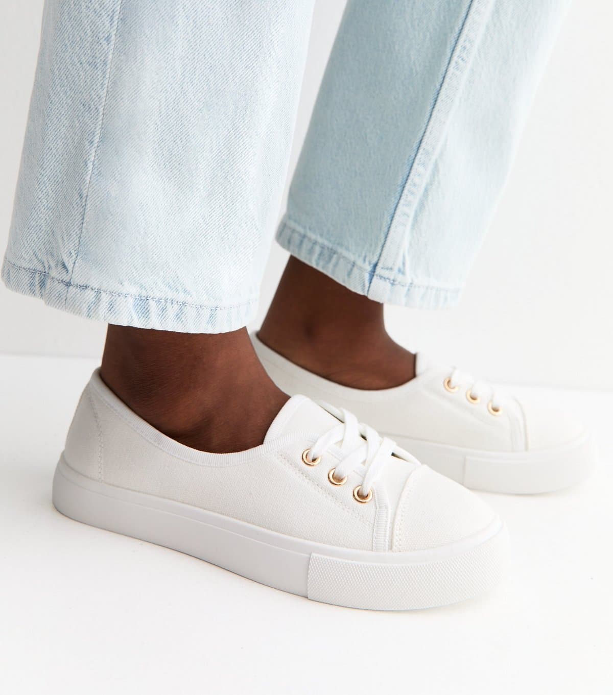 New Look Women's White Canvas Half Lace Up Trainers Vegan New Look
