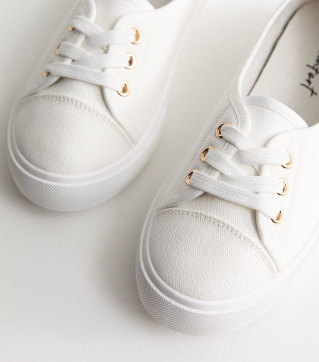 New Look Women's White Canvas Half Lace Up Trainers Vegan New Look - 3