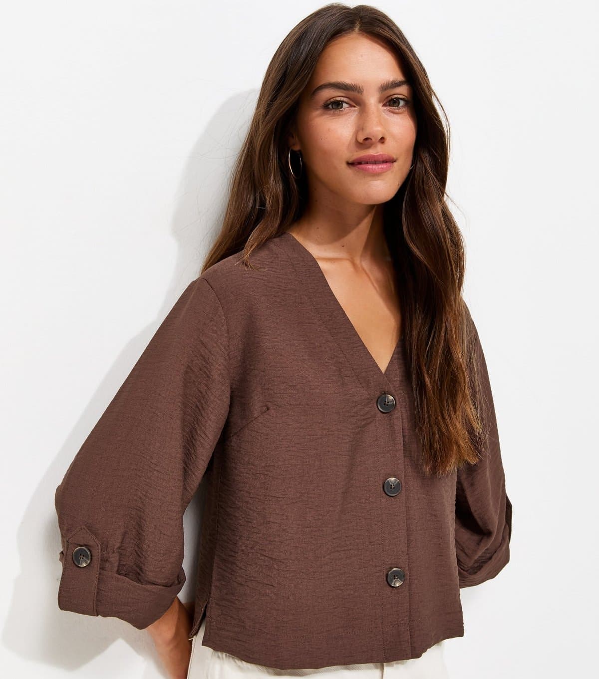New Look Women's Petite Dark Brown Crinkle Texture Wide Sleeve Cropped Shirt New Look