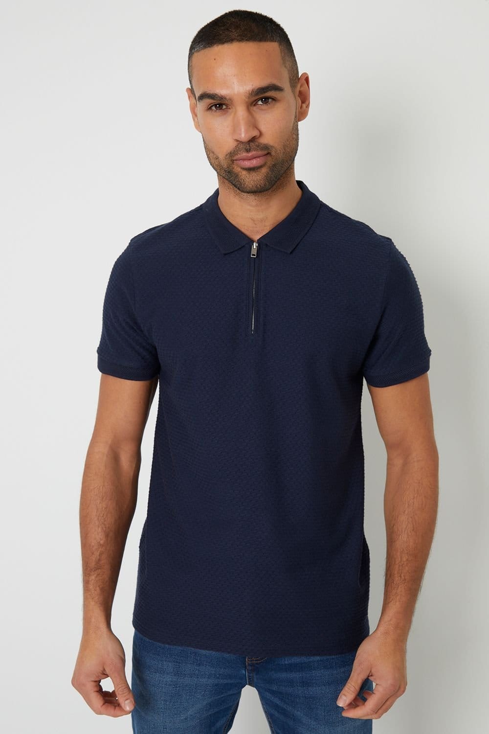 Threadbare Navy Textured Cotton Quarter Zip Polo Shirt